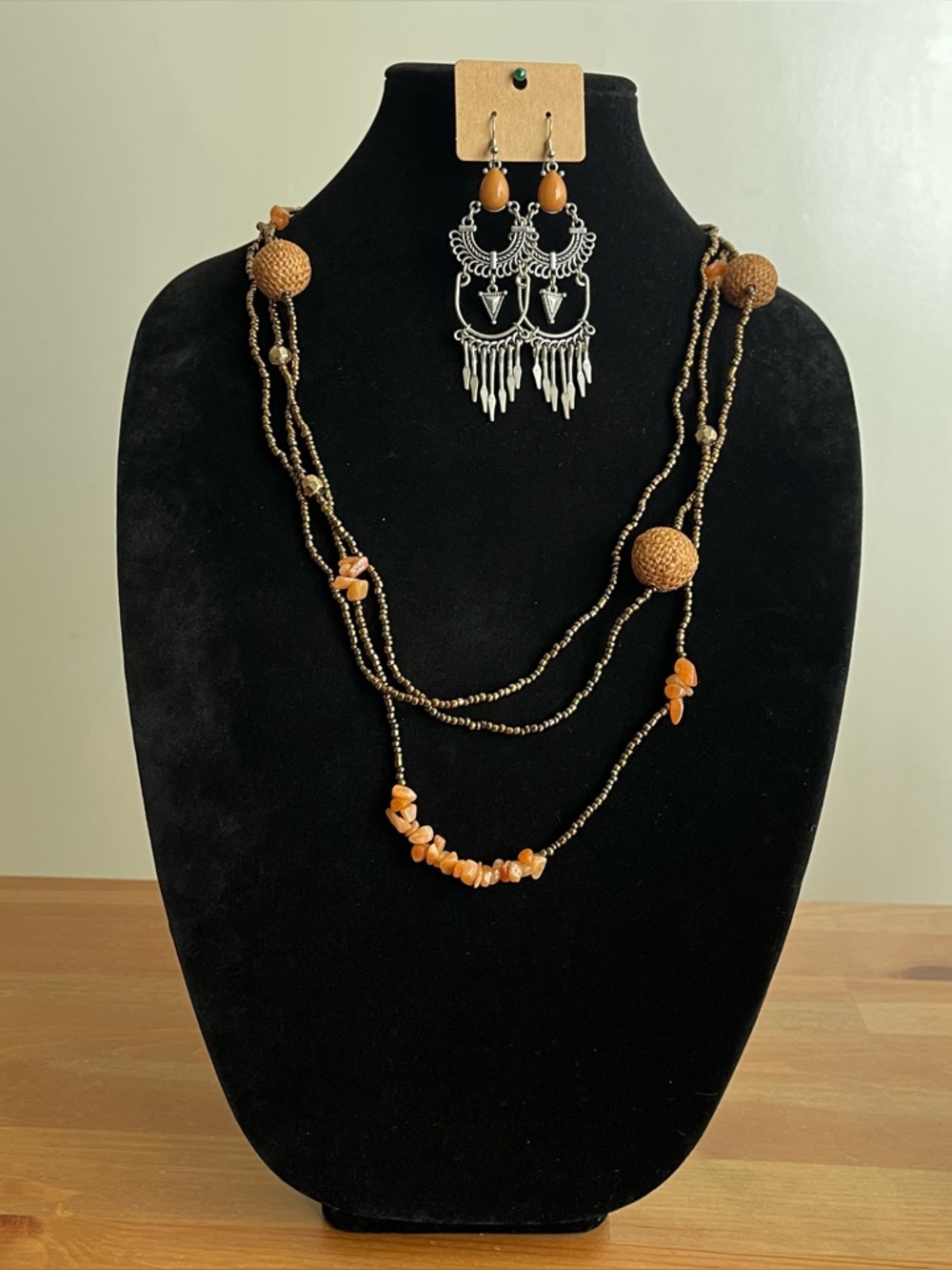 Boho necklace multi-strand  metallic-colored seed beads paired with earrings